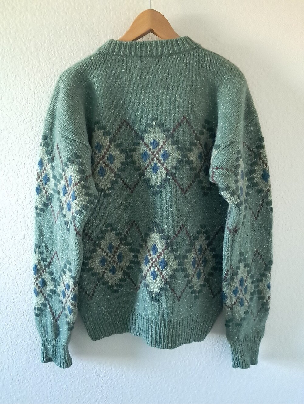 Vintage LL Bean Chunky Knit Argyle Sweater Long Sleeve Crewneck Wool Silk Green - Picture 4 of 7